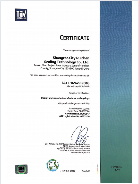 China Dongguan Ruichen Sealing Co., Ltd. Certificaten